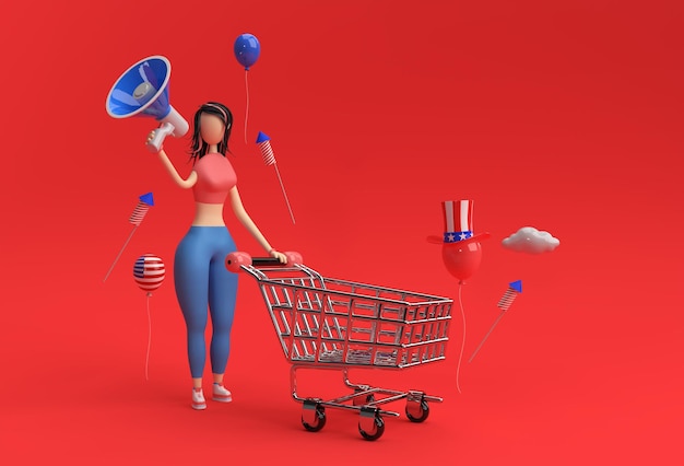 3D-Render-Frau mit Einkaufswagen kündigt Mega-Verkaufsangebot an USA-Unabhängigkeitstag 4. Juli-Feiertag