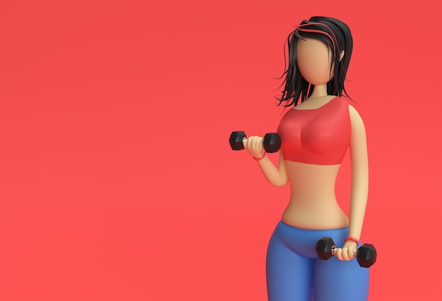 3d-render-frauen-cartoon-figuren, die übung mit hanteln machen sport, yoga und titness konzept 3d-illustration design.