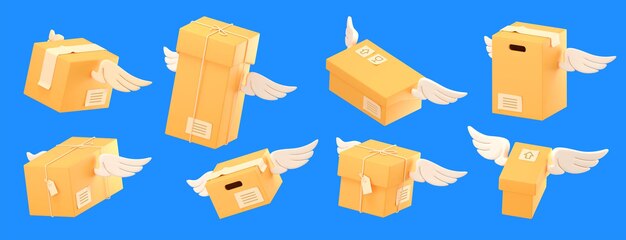 3D-Render-Lieferbox mit Flügeln im Flugset