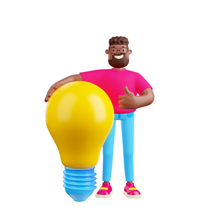 Kostenlose Foto 3d-render-mann mit riesiger lampe kreative lösung