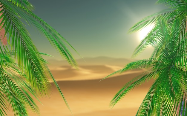 Kostenloses Foto 3d-render-palme-blätter mit blick auf eine wüstenszene