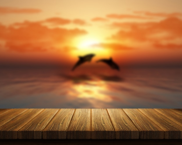 3D-Render-Suche von einem Holztisch auf das Meer mit Delfinen springen