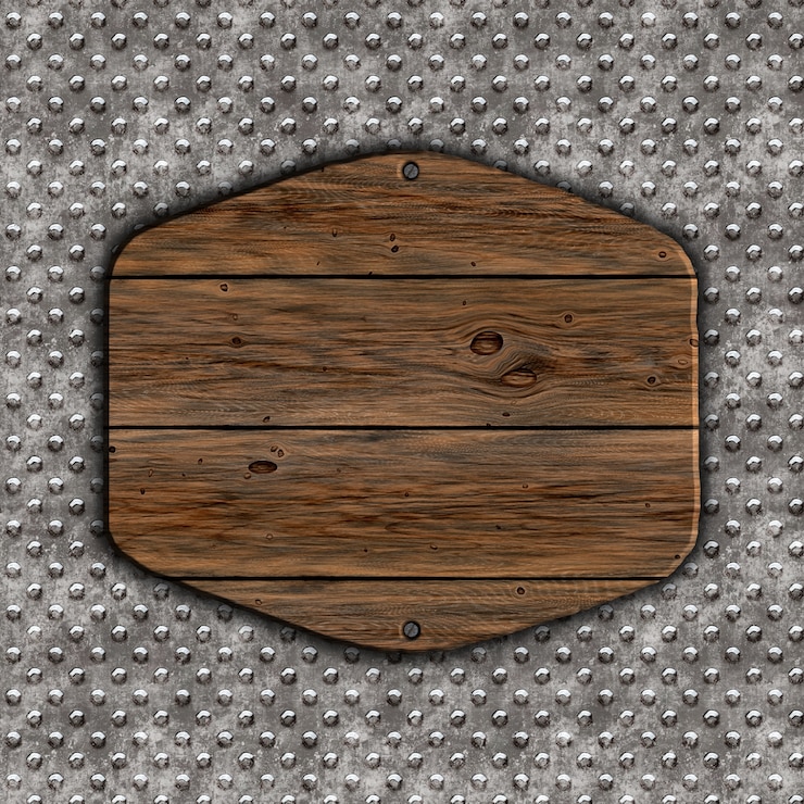 Kostenlose Foto 3d render von einem grunge holz zeichen auf einem metall hintergrund