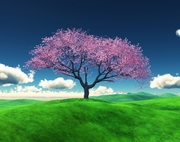 3D render von einem Kirschbaum in einer grasbewachsenen Landschaft