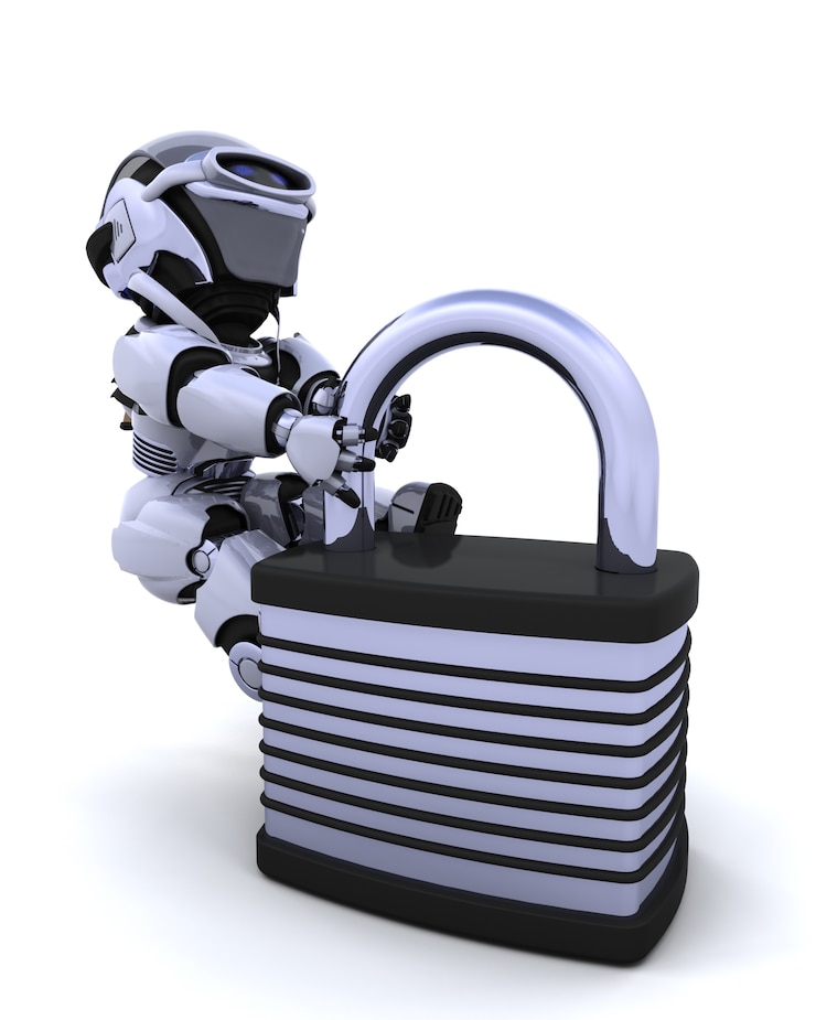 Kostenlose Foto 3d render von einem roboter mit vorhängeschloss