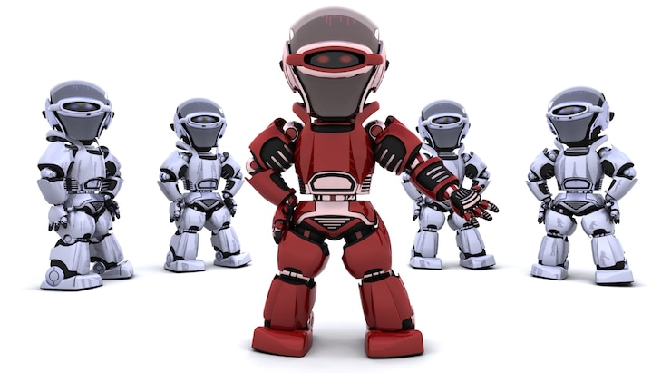Kostenlose Foto 3d-render von einem roten roboter, der ein team führt
