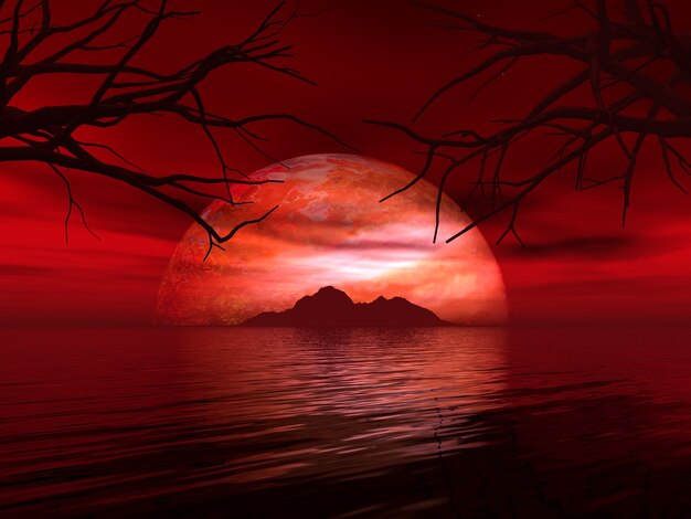 3d render von einer surrealen Landschaft mit fiktiven Planeten und Insel im Meer