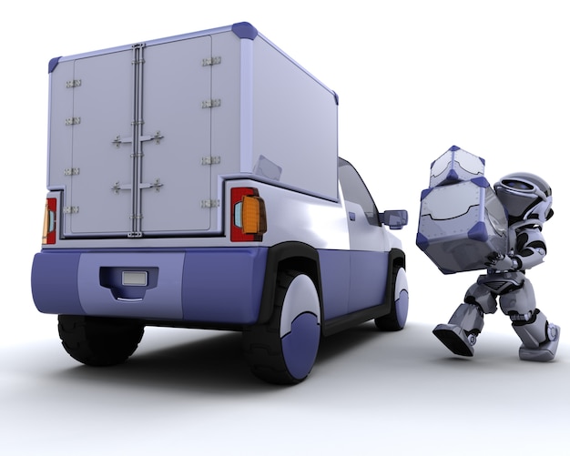 3D-Render von Roboter laden Boxen in den Rücken eines LKW