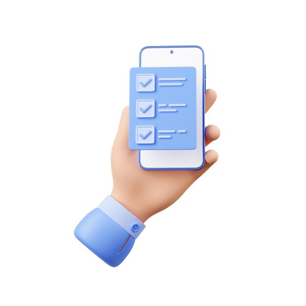 3D-Renderhand, die ein Smartphone mit Checkliste hält