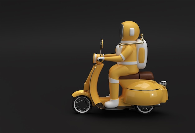 3D-Rendering Astronaut Riding Motor Scooter Seitenansicht auf schwarzem Hintergrund