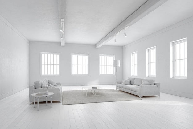 3d-rendering des weißen modernen wohnzimmers mit sofa.