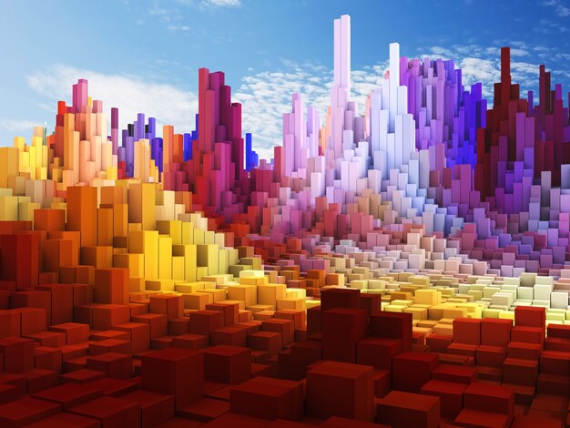 3D-Rendering einer abstrakten Würfellandschaft gegen Hintergrund des blauen Himmels