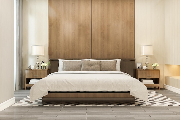 Kostenloses Foto 3d-rendering einer luxuriösen, modernen schlafzimmersuite im hotel mit fernseher und schrank