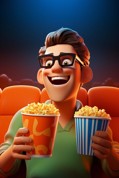 3D-Rendering einer Person, die einen Film mit Popcorn ansieht