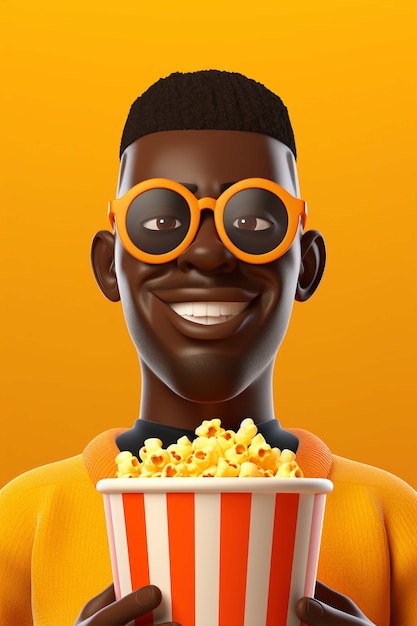 3D-Rendering einer Person, die einen Film mit Popcorn ansieht