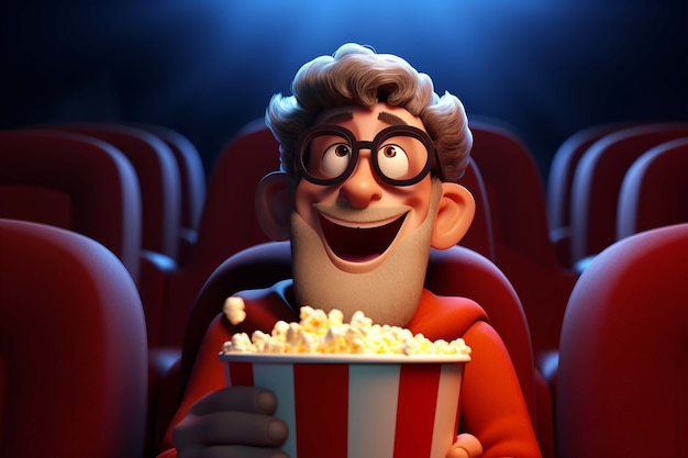 3D-Rendering einer Person, die einen Film mit Popcorn ansieht
