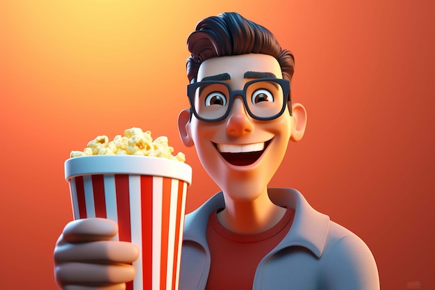 3D-Rendering einer Person, die einen Film mit Popcorn ansieht