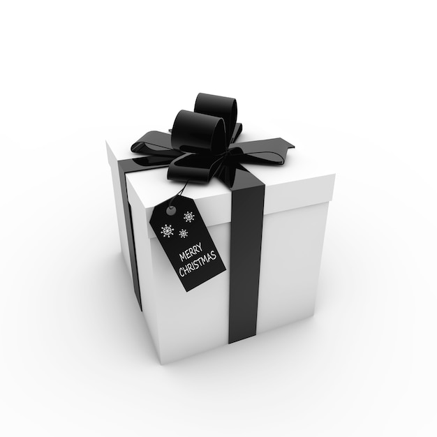 3D-Rendering einer weißen Geschenkbox mit schwarzem Band und einem Etikett mit dem Text "Happy Christmas"