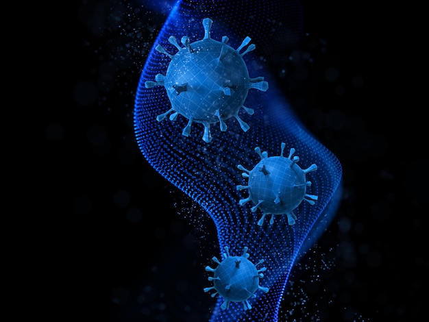 3D-Rendering eines abstrakten medizinischen Hintergrunds mit niedrigen Polyviruszellen auf Partikeldesign