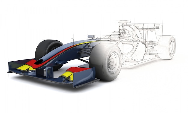 3D-Rendering eines generischen Rennwagens mit der Hälfte in der Skizzenvorschau