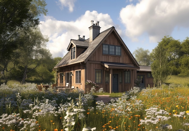 3D-Rendering eines Holzhauses