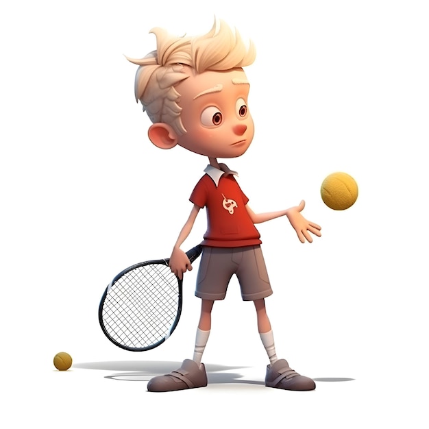 Kostenloses Foto 3d-rendering eines kleinen jungen, der tennis mit einem tennisschläger spielt