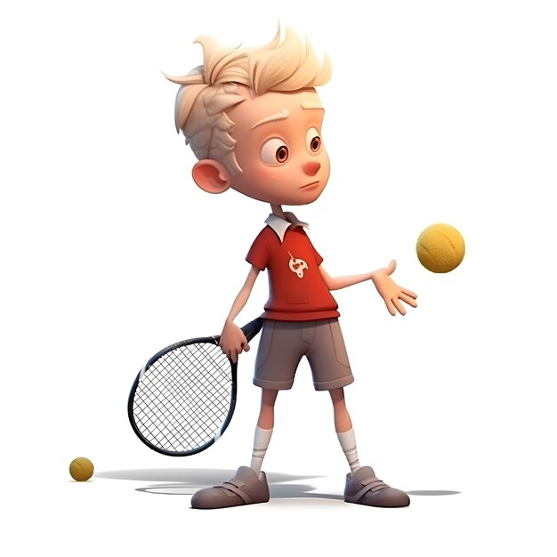 3D-Rendering eines kleinen Jungen, der Tennis mit einem Tennisschläger spielt