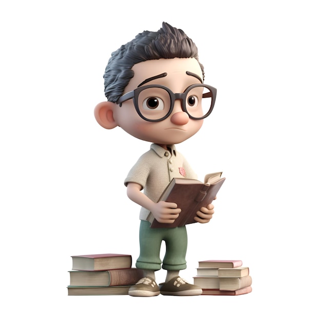 3D-Rendering eines kleinen Jungen mit einem isolierten Buch auf weißem Hintergrund