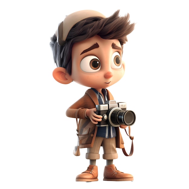 3D-Rendering eines kleinen Jungen mit einer isolierten Kamera auf weißem Hintergrund
