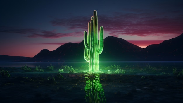 Kostenloses Foto 3d-rendering eines lebendigen neon-kaktus in der wüste.