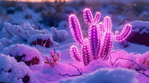 3D-Rendering eines lebendigen Neon-Kaktus in der Wüste.