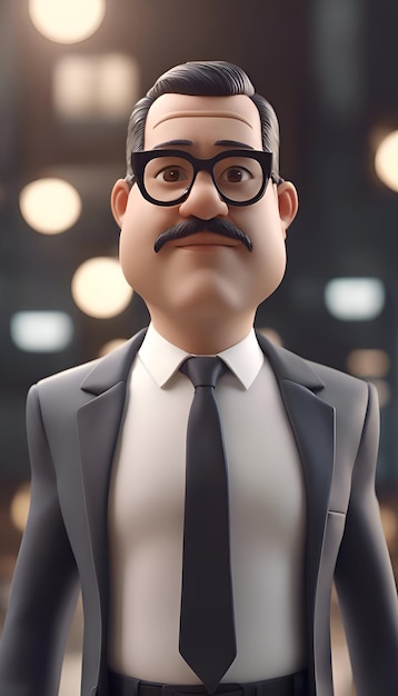 3D-Rendering eines Mannes in einem Anzug mit Brille und Schnurrbart