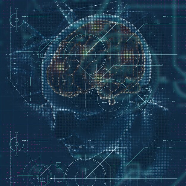 3D-Rendering eines medizinischen Hintergrunds mit männlicher Figur mit hervorgehobenem Gehirn und Techno-Overlay
