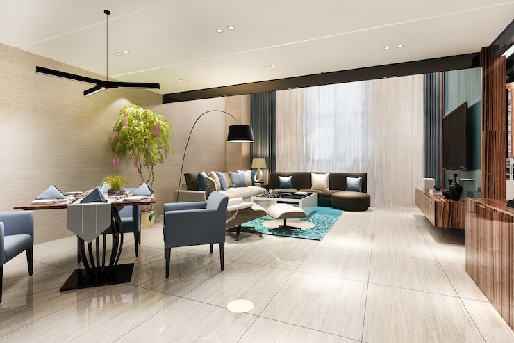 Kostenlose Foto 3d-rendering eines modernen esszimmers und wohnzimmers mit luxuriösem dekor