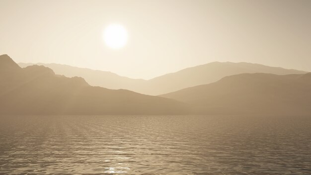 3D-Rendering eines Ozeans gegen eine Berglandschaft in Sepia-Tönen