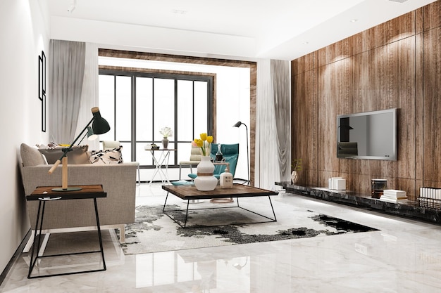 3d-rendering loft skandinavisches wohnzimmer mit arbeitstisch und bücherregal