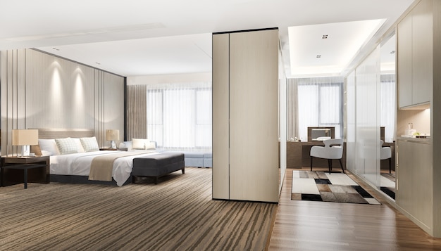 3D-Rendering luxuriöser moderner Schlafzimmer-Suite-TV mit Kleiderschrank und begehbarem Kleiderschrank