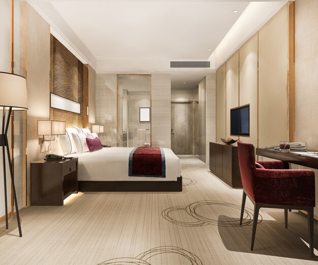 3D-Rendering moderne Luxus-Schlafzimmer-Suite und Badezimmer
