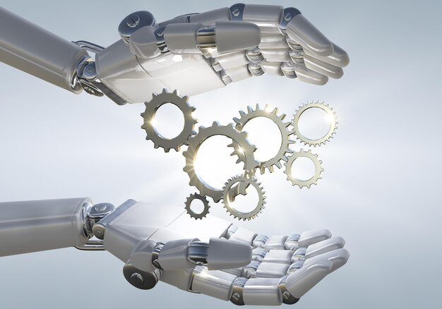 3D-Rendering Roboterhand mit mechanischem 3D-Getriebe aus Metall