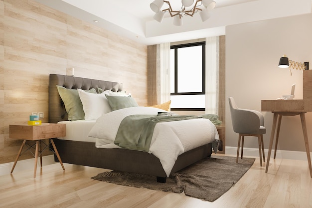 3D-Rendering Schöne luxuriöse Schlafzimmersuite im Hotel mit Arbeitstisch