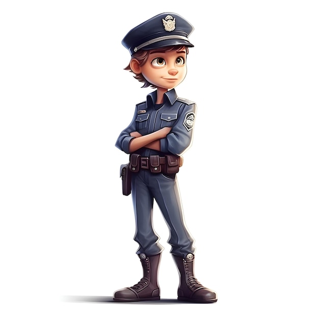 3D-Rendering von Little Police Girl mit Polizeikappe auf weißem Hintergrund