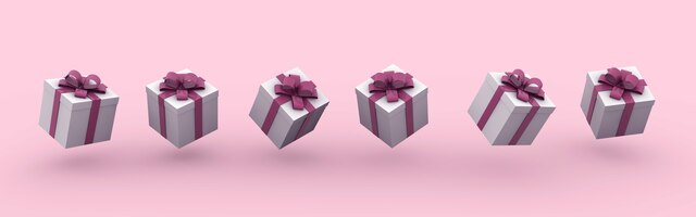 3d-renderingillustration von geschenkboxen mit bögen auf einem rosa hintergrund