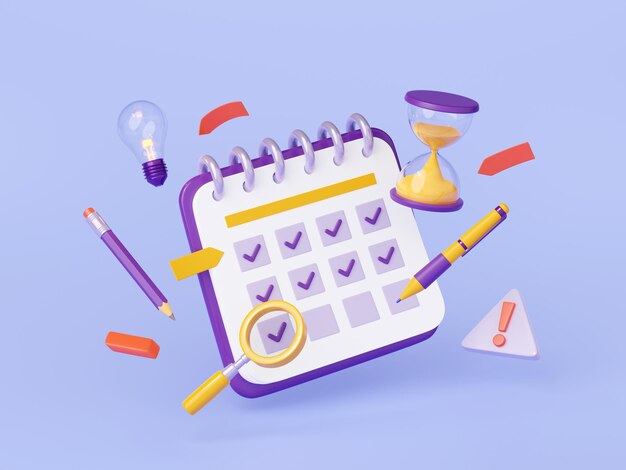3D-Renderkalenderdaten-Checkliste mit Bleistift