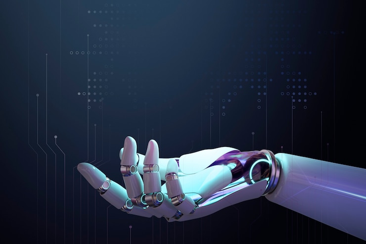 Kostenlose Foto 3d-roboterhandhintergrund, seitenansicht der ai-technologie