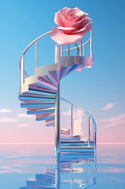 Kostenloses Foto 3d-rosenblume mit treppe