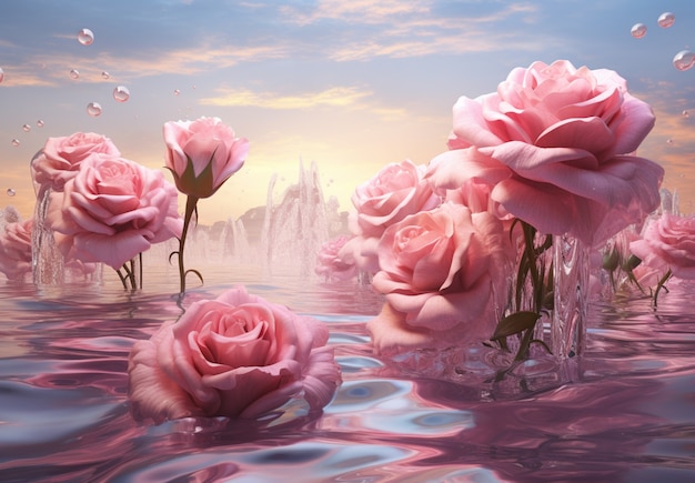 Kostenloses Foto 3d-rosenblumen mit wasser