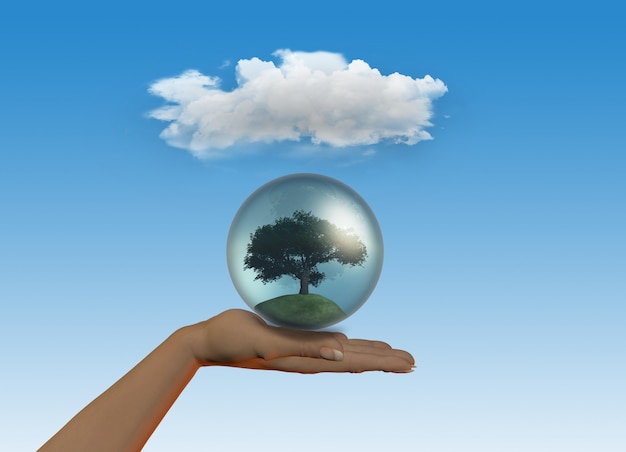 Kostenloses Foto 3d übertragen unter einer wolke in einem globus einen baum von einer weiblichen hand