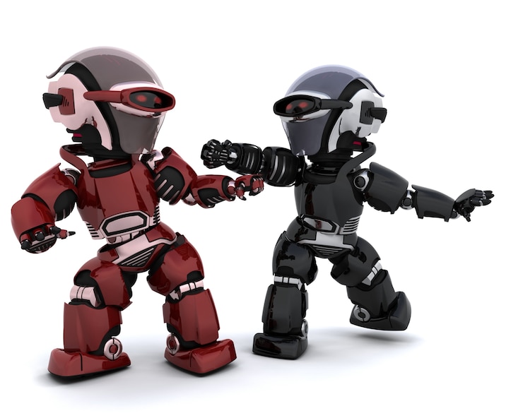Kostenlose Foto 3d übertragen von einem roboter-paar in konflikt machen