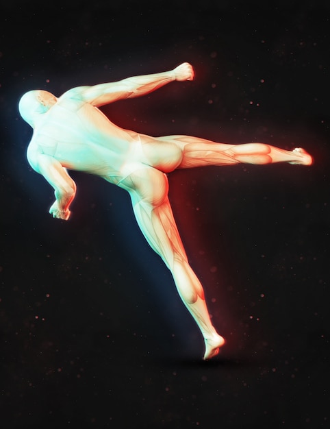 3D übertragen von einer männlichen Figur in einem Kick Boxen Pose mit Dual-Farbe-Effekt