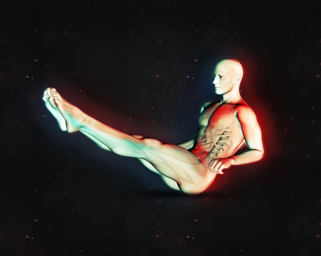 Kostenloses Foto 3d übertragen von einer männlichen figur in sitzen position mit beinen erweitert und dual-farbe-effekt